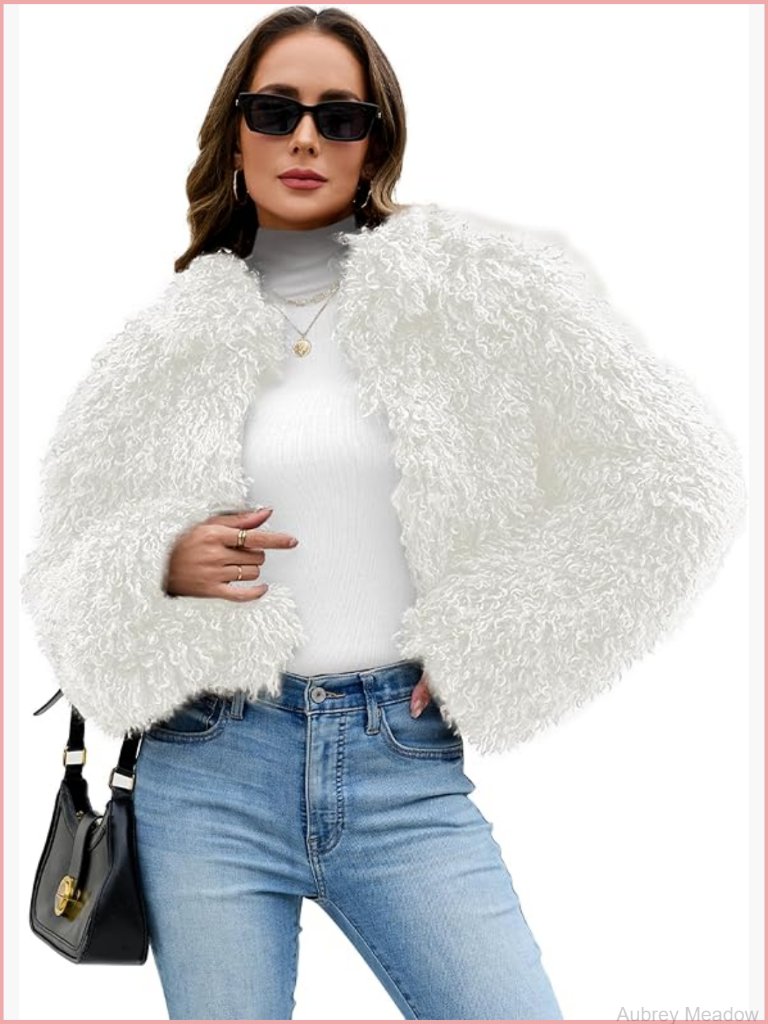 Cropped Faux Fur Coat Jacket Open Front Long Sleeve Winter Outerwear Fuzzy